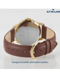 ATRIUM Horloge - Dames - Goudkleurig - Analoog - Bruin Leren Bandje - Duidelijk Wit Wijzerblad - 27 mm