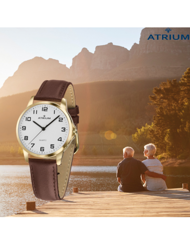 ATRIUM Watch - Women - Gold Coloured - Analogue - Brown Leather Strap - Clear White Dial - 27 mm