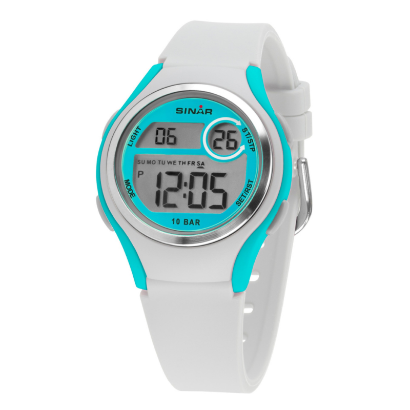 Sinar Horloge - Digitaal - Wit / Turquoise - 10 Bar Waterdicht - Ø 36 mm - Verstelbaar Bandje (13-18,5 cm) - XE-64-0