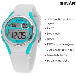 Sinar Horloge - Digitaal - Wit / Turquoise - 10 Bar Waterdicht - Ø 36 mm - Verstelbaar Bandje (13-18,5 cm) - XE-64-0