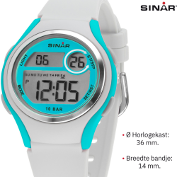 Sinar Horloge - Digitaal - Wit / Turquoise - 10 Bar Waterdicht - Ø 36 mm - Verstelbaar Bandje (13-18,5 cm) - XE-64-0