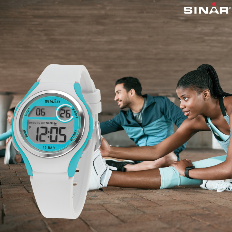 Sinar Watch - Digital - White/Turquoise - 10 Bar Waterproof - Ø 36 mm - Adjustable Strap (13-18.5 cm) - XE-64-0 