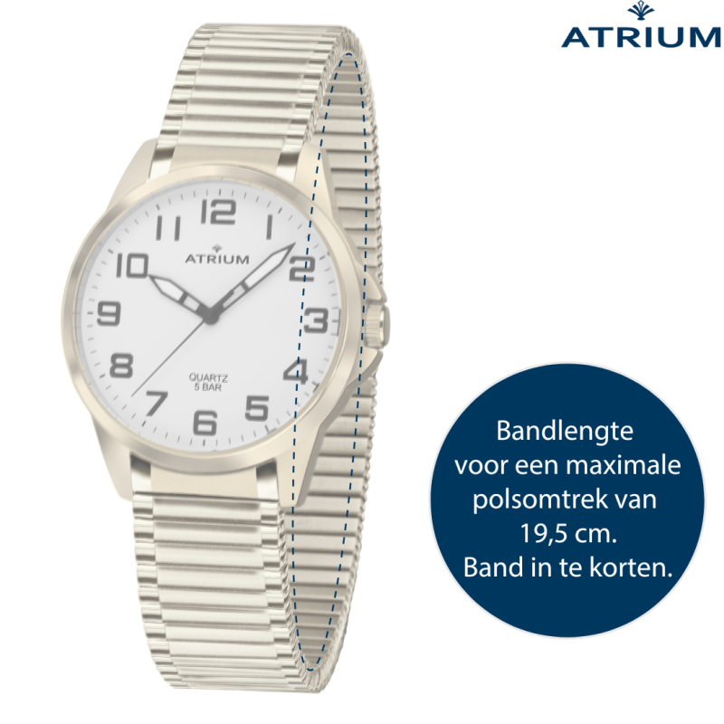 ATRIUM Horloge - Heren - Verguld - Flexibele Edelstalen Rekband(19,5cm) - 5 Bar - Duidelijk - Quartz - A48-60
