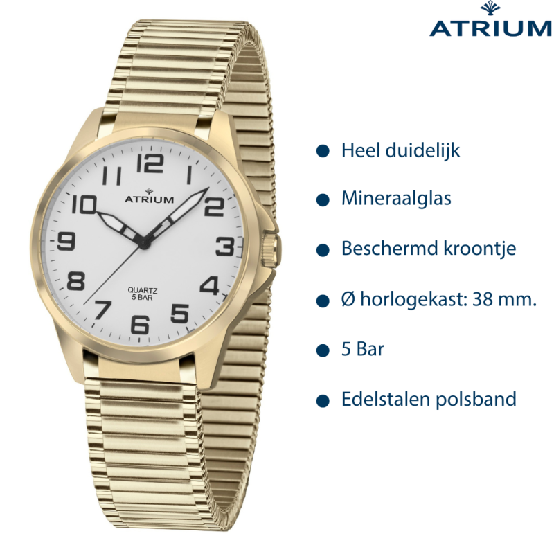 ATRIUM Horloge - Heren - Verguld - Flexibele Edelstalen Rekband(19,5cm) - 5 Bar - Duidelijk - Quartz - A48-60