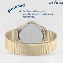 ATRIUM Horloge - Heren - Verguld - Flexibele Edelstalen Rekband(19,5cm) - 5 Bar - Duidelijk - Quartz - A48-60