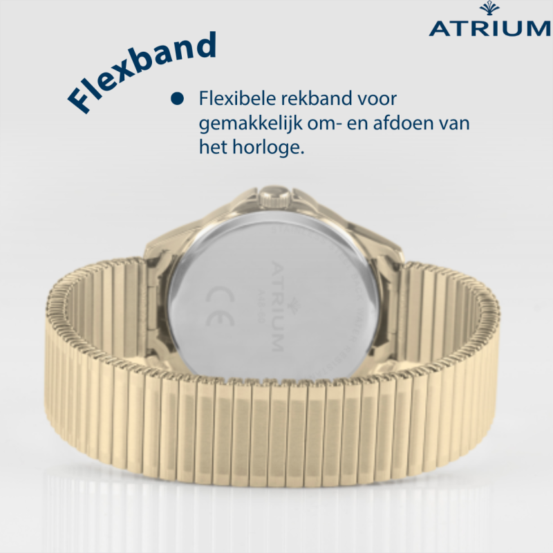 ATRIUM Horloge - Heren - Verguld - Flexibele Edelstalen Rekband(19,5cm) - 5 Bar - Duidelijk - Quartz - A48-60