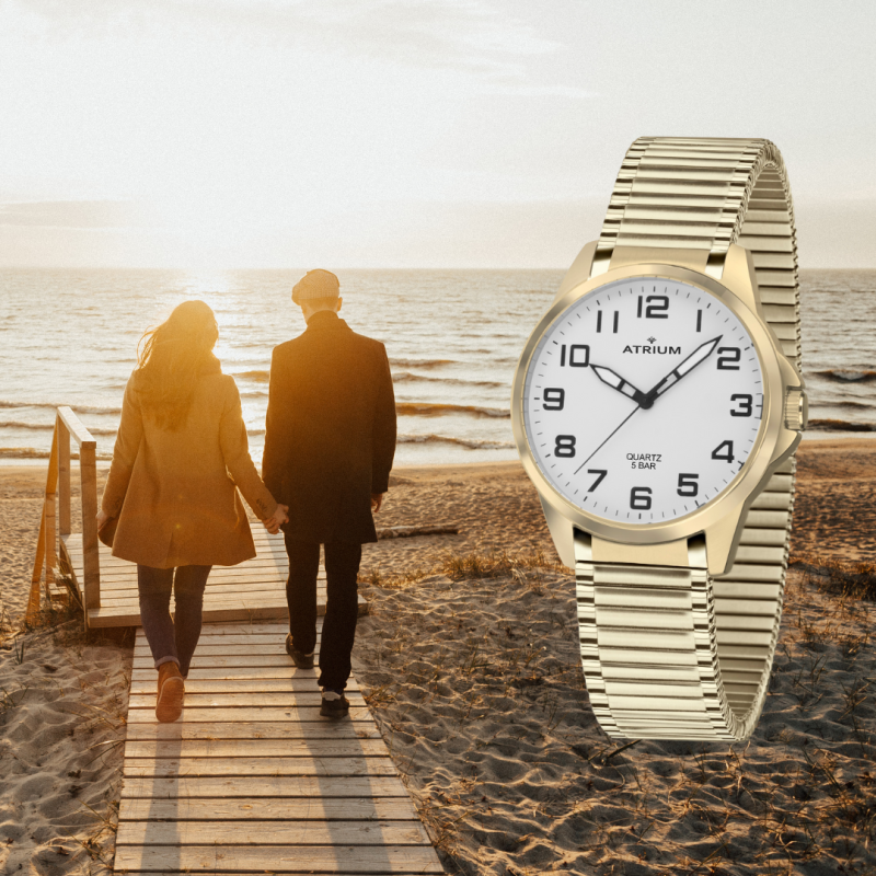 ATRIUM Horloge - Men - Gold Plated -  Flexible Stainless Steel Stretch Band (19,5cm) - 5 Bar - Clear - Quartz - A48-60