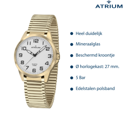 ATRIUM Horloge - Dames - Verguld - Flexibele Edelstalen Rekband (18cm) - 5 Bar - Duidleijk - Quartz - A49-60