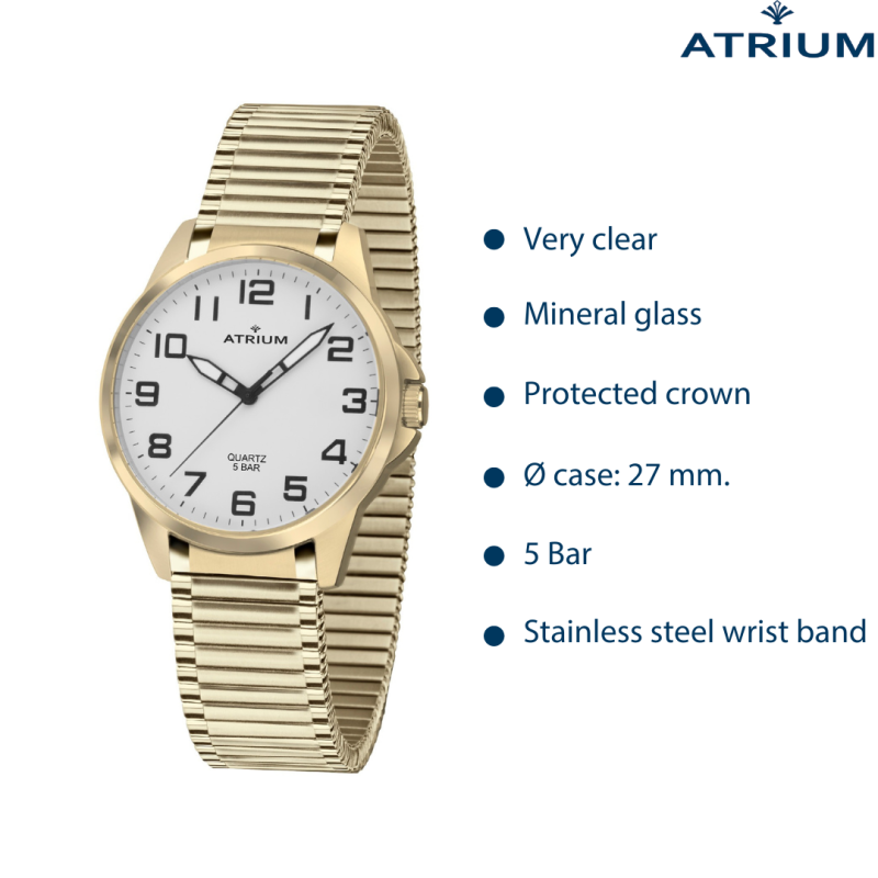 ATRIUM Horloge - Dames - Verguld - Flexibele Edelstalen Rekband (18cm) - 5 Bar - Duidleijk - Quartz