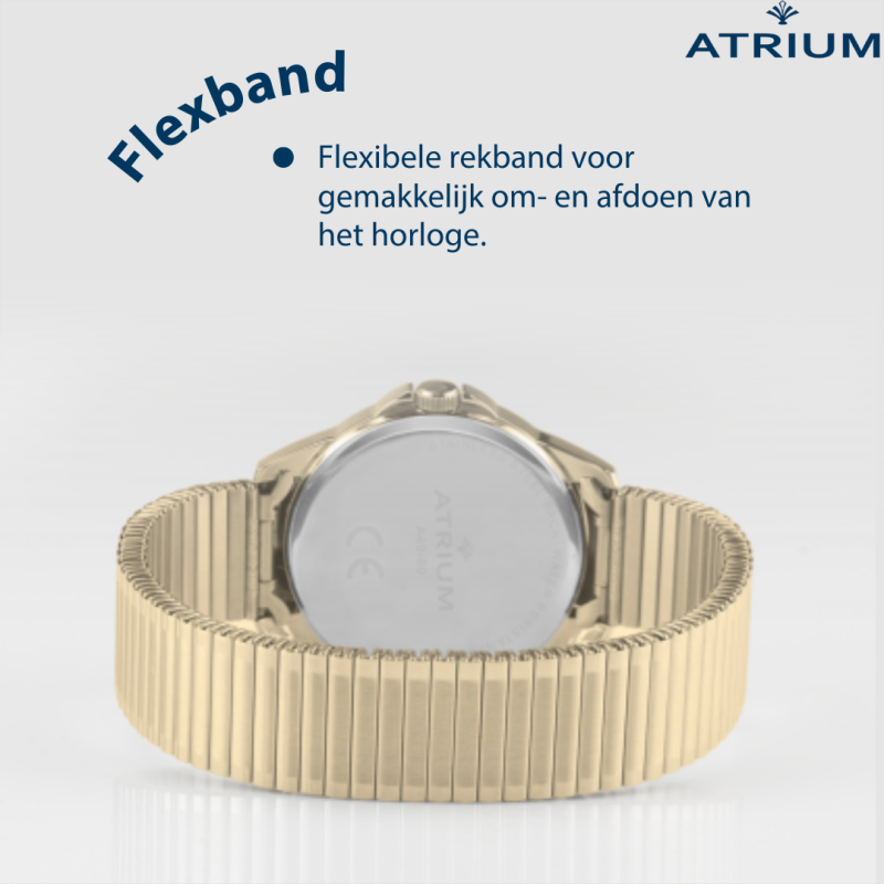 ATRIUM Horloge - Dames - Verguld - Flexibele Edelstalen Rekband (18cm) - 5 Bar - Duidleijk - Quartz - A49-60