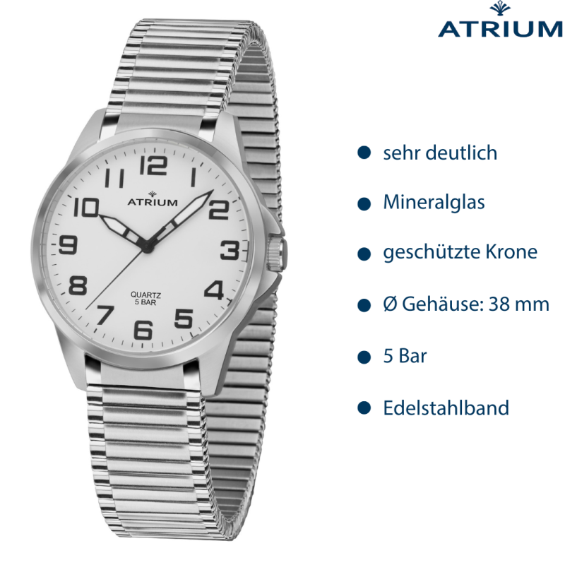 ATRIUM Horloge - Heren - Zilverkleurig - Flexibele Edelstalen Rekband(19,5cm) - 5 Bar - Duidelijk - Geplatineerd - A48-50