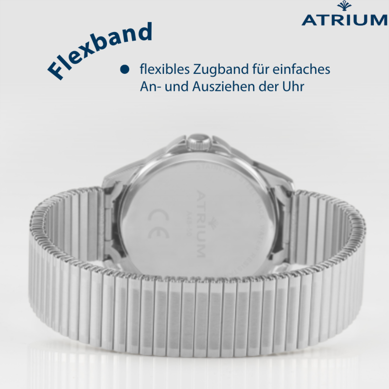 ATRIUM Horloge - Heren - Zilverkleurig - Flexibele Edelstalen Rekband(19,5cm) - 5 Bar - Duidelijk - Geplatineerd - A48-50