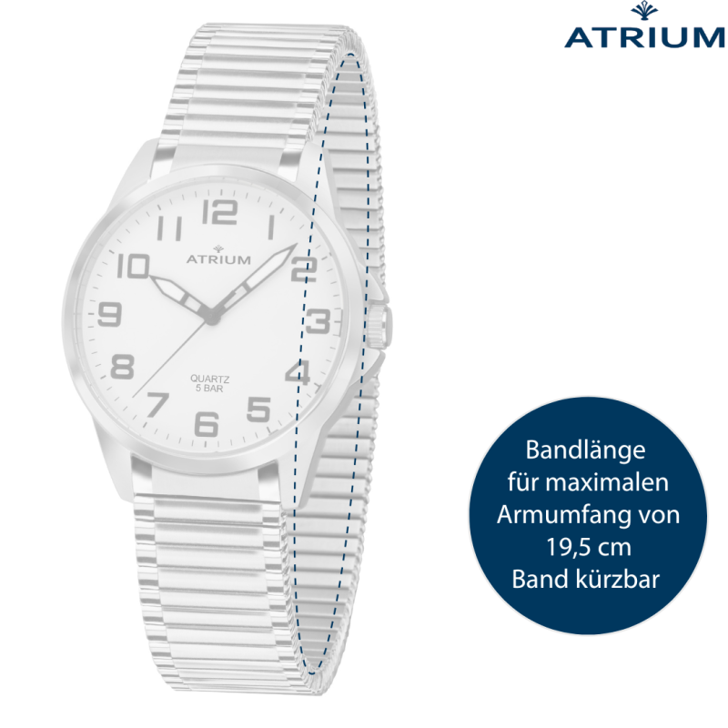 ATRIUM Horloge - Heren - Zilverkleurig - Flexibele Edelstalen Rekband(19,5cm) - 5 Bar - Duidelijk - Geplatineerd - A48-50