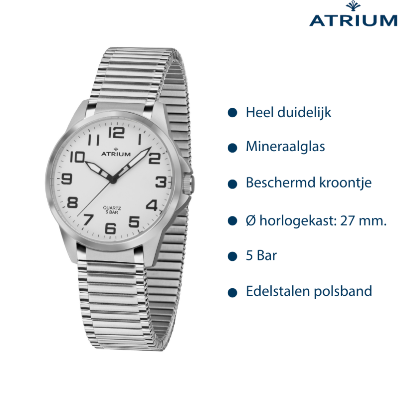 ATRIUM Horloge - Dames - Zilverkleurig - Flexibele Edelstalen Rekband (18cm) - 5 Bar - Duidelijk - Quartz - A49-50