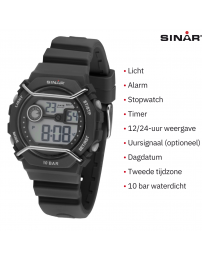 Sinar Horloge - Digitaal - Zwart / Grijs - 10 Bar Waterdicht - Ø 40 mm - Verstelbaar Bandje (14-19,5 cm) - XE69-1
