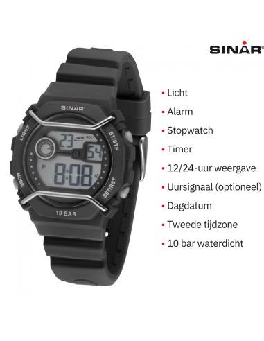 Sinar Horloge - Digitaal - Zwart / Grijs - 10 Bar Waterdicht - Ø 40 mm - Verstelbaar Bandje (14-19,5 cm) - XE69-1