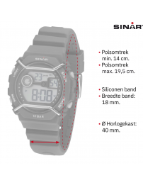Sinar Horloge - Digitaal - Zwart / Grijs - 10 Bar Waterdicht - Ø 40 mm - Verstelbaar Bandje 14-19,5 cm