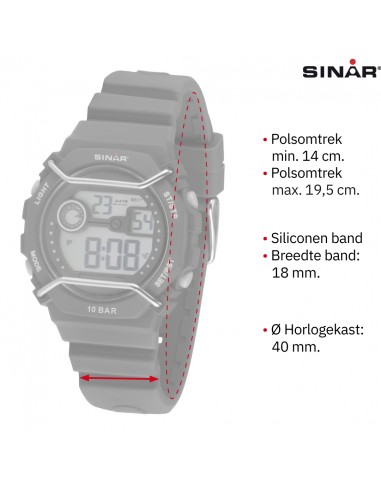 Sinar Horloge - Digitaal - Zwart / Grijs - 10 Bar Waterdicht - Ø 40 mm - Verstelbaar Bandje (14-19,5 cm) - XE69-1