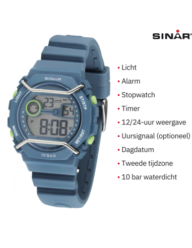 Sinar Horloge - Digitaal - Licht Blauw - 10 Bar Waterdicht - Ø 40 mm - Verstelbaar Bandje (14-19,5 cm) - XE69-5