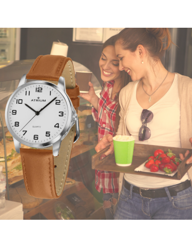 ATRIUM Horloge - Dames - Analoog - Zilverkleurig - Licht Bruin Leer- Duidelijk - 27 mm -  A37-17