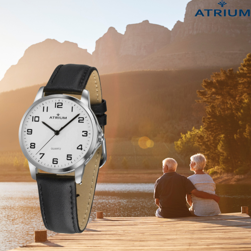 ATRIUM Horloge - Dames - Zilverkleurig - Analoog - Zwart Lederen Bandje - Duidelijk Wit Wijzerblad - 27 mm