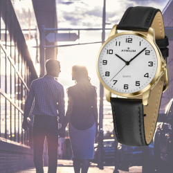 ATRIUM Armbanduhr - Damen - Goldfarben - Analog - Schwarzes Lederband - Klares Weißes Zifferblatt - 27 mm