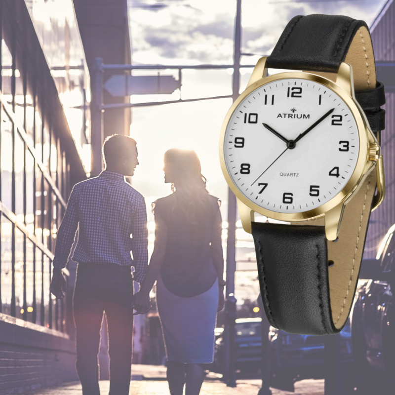 ATRIUM Horloge - Dames - Analoog - Goudkleurig - Leer Zwart - Duidelijk - 27 mm - A37-20