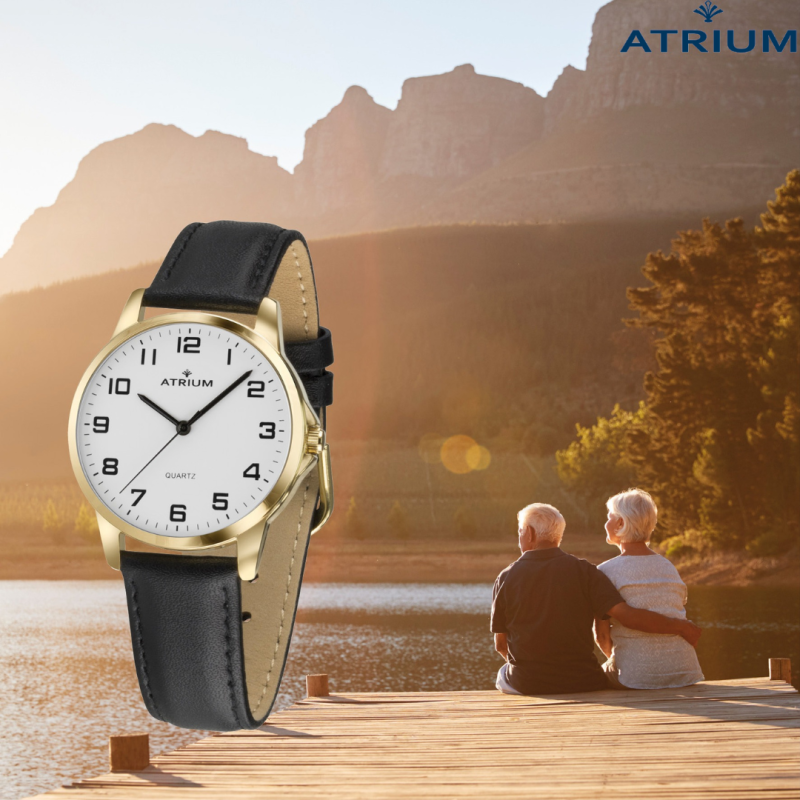 ATRIUM Armbanduhr - Damen - Goldfarben - Analog - Schwarzes Lederband - Klares Weißes Zifferblatt - 27 mm