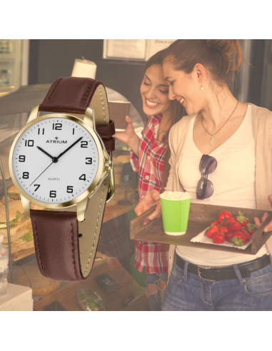 ATRIUM Armbanduhr - Damen - Goldfarben - Analog - Braunes Lederband - Klares Weißes Zifferblatt - 27 mm
