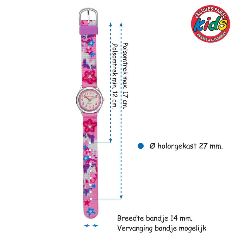 Jacques Farel Kinderhorloge - Eenhoorn & Ster - Roze/Paars/ Blauw - Analoog - 3 Bar - Verstelbaar 12-17cm - HCC3134