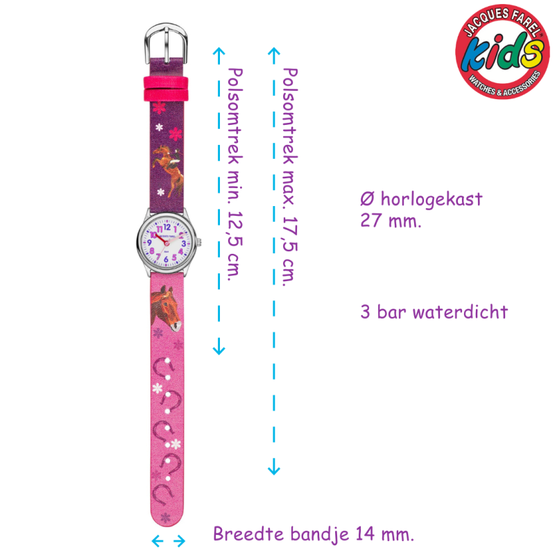 Jacques Farel Children's Watch - Horse - Pink & Purple - Silver - Analogue - 3 Bar - Adjustable Strap 12.5-17cm - HCC543