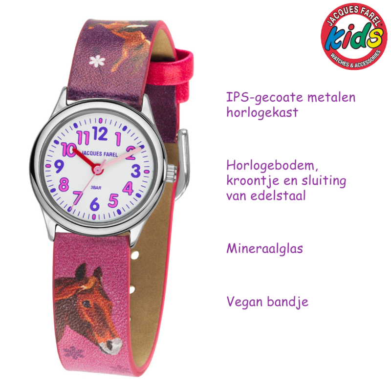 Jacques Farel Children's Watch - Horse - Pink & Purple - Silver - Analogue - 3 Bar - Adjustable Strap 12.5-17cm - HCC543