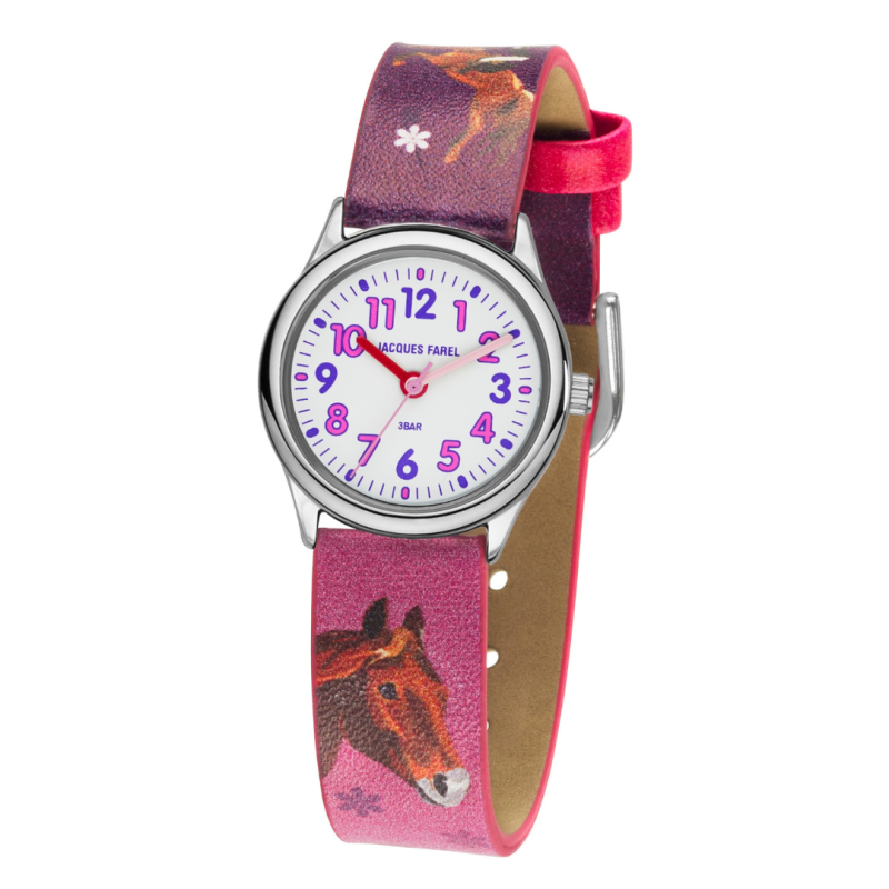 Jacques Farel Children's Watch - Horse - Pink & Purple - Silver - Analogue - 3 Bar - Adjustable Strap 12.5-17cm - HCC543