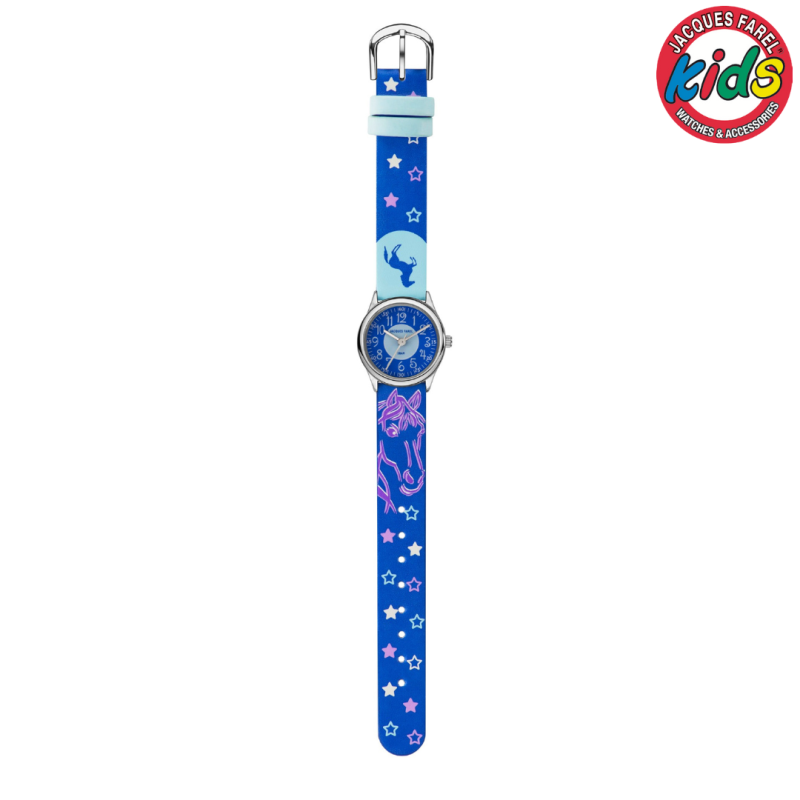 Jacques Farel Kinderhorloge - Paard - Blauw & Paars - Zilverkleurig - Analoog - 3 Bar - Verstelbaar 12,5-17 cm - HCC338