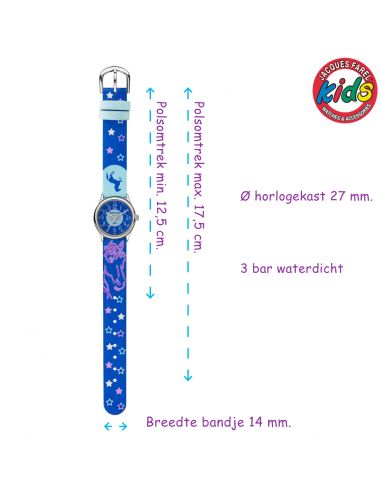 Jacques Farel Kinderhorloge - Paard - Blauw & Paars - Zilverkleurig - Analoog - 3 Bar - Verstelbaar 12,5-17 cm - HCC338