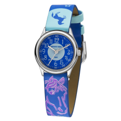 Jacques Farel Kinderuhr - Pferd - Blau & Lila - Silberfarben - Analog - 3 Bar - Verstellbares Band 12.5-17cm - HCC338