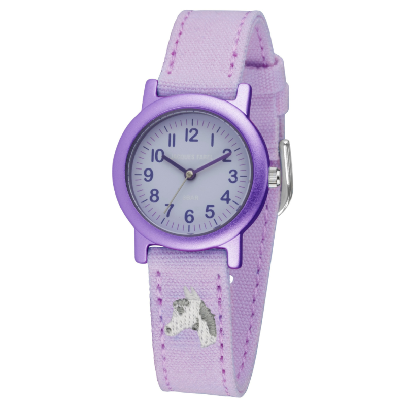 Jacques Farel ECO Kinderuhr - Pferd - Flieder - CO2-neutral - Bio-Baumwolle - 3 Bar - Verstellbares Armband - ORG8820