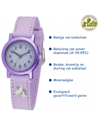 Jacques Farel ECO Children's Watch - Horse - Lilac - CO2 neutral - Bio-cotton - 3 Bar - Adjustable Strap - ORG8820
