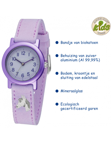 Jacques Farel ECO Kinderhorloge - Paard - Lila - CO2-neutraal - Bio-katoen - 3 Bar - Verstelbaar Bandje - ORG8820