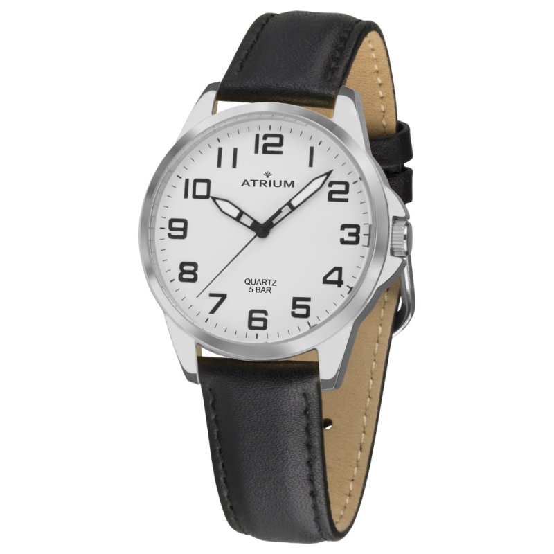  ATRIUM Watch - Men - Silver Coloured - Black Leather Band - 5 Bar - Ø38 mm - Clear - Platinum Plated - Quartz - A48-10