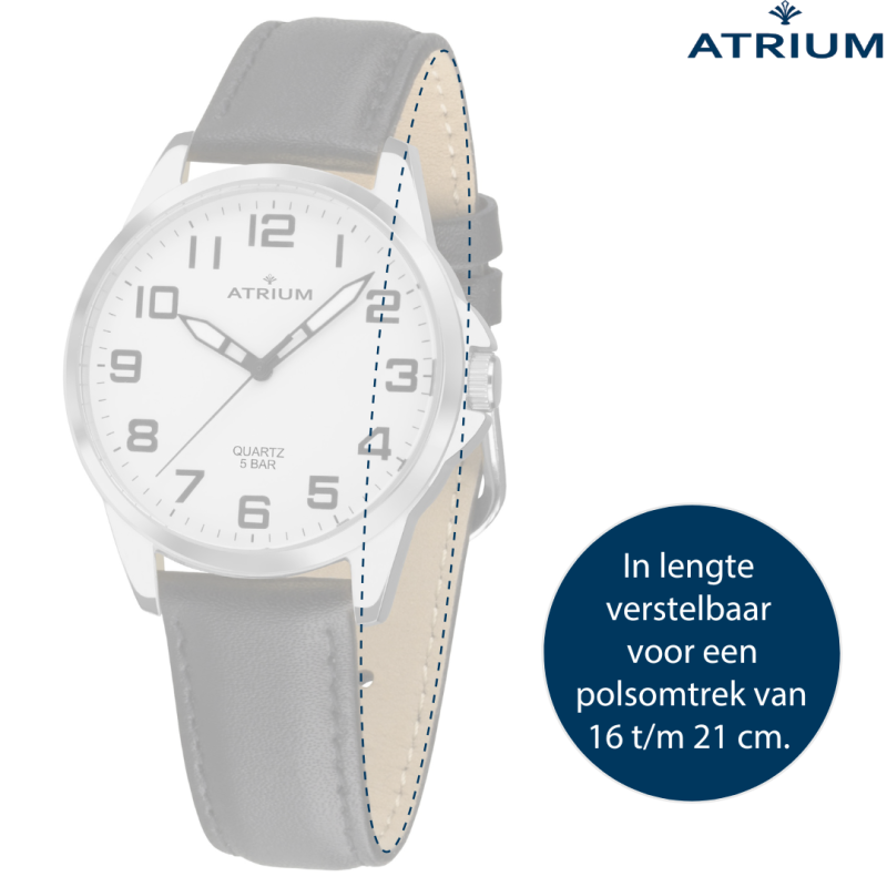 ATRIUM Horloge - Heren - Zilverkleurig - Zwart Lederen Band - 5 Bar - Ø38mm - Duidelijk - Geplatineerd - Quartz - A48-10