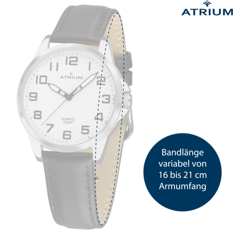 ATRIUM Watch - Men - Silver Coloured - Black Leather Band - 5 Bar - Ø38 mm - Clear - Platinum Plated - Quartz - A48-10 ATRIUM Watch - Men - Silver Coloured - Black Leather Band - 5 Bar - Ø38 mm - Clear - Platinum Plated - Quartz - A48-10