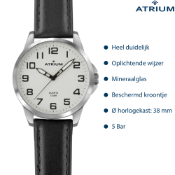 ATRIUM Horloge - Heren - Zilverkleurig - Zwart Lederen Band - 5 Bar - Ø38mm - Duidelijk - Geplatineerd - Quartz - A48-10
