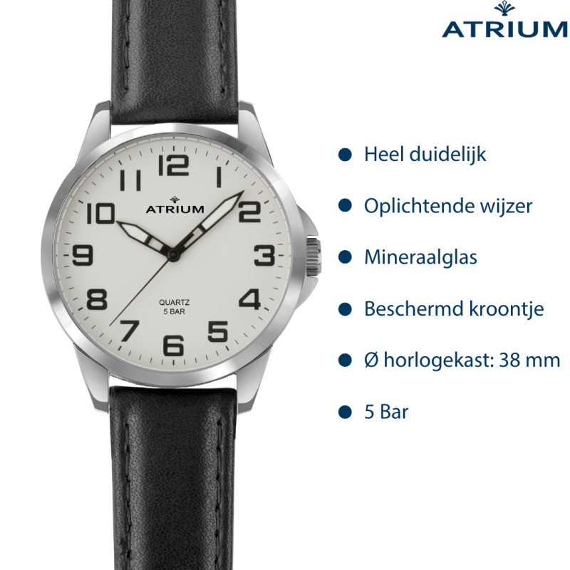 ATRIUM Horloge - Heren - Zilverkleurig - Zwart Lederen Band - 5 Bar - Ø38mm - Duidelijk - Geplatineerd - Quartz - A48-10
