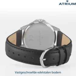 ATRIUM Horloge - Heren - Zilverkleurig - Zwart Lederen Band - 5 Bar - Ø38mm - Duidelijk - Geplatineerd - Quartz - A48-10