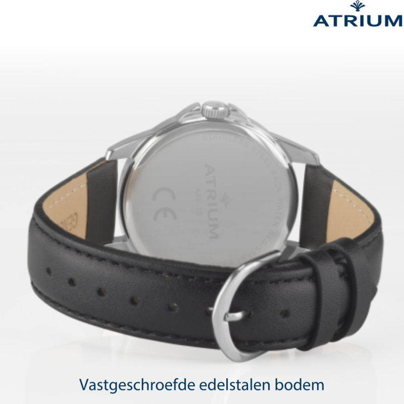 ATRIUM Horloge - Heren - Zilverkleurig - Zwart Lederen Band - 5 Bar - Ø38mm - Duidelijk - Geplatineerd - Quartz - A48-10