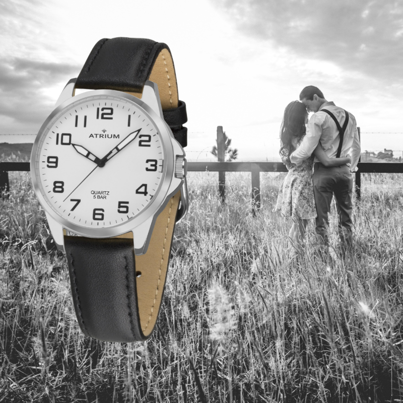 ATRIUM Horloge - Heren - Zilverkleurig - Zwart Lederen Band - 5 Bar - Ø38mm - Duidelijk - Geplatineerd - Quartz - A48-10