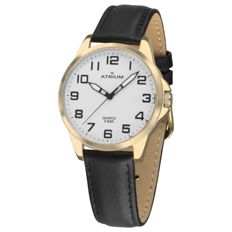 ATRIUM Horloge - Heren - Verguld - Zwart Lederen Band - 5 Bar - Ø38 mm - Duidelijk - Quartz - A48-20