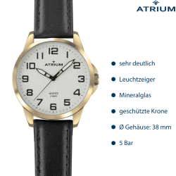 ATRIUM Horloge - Heren - Goudkleurig - Zwart Lederen Band - 5 Bar - Wit Wijzerblad - 38 mm - Duidelijk - Quartz