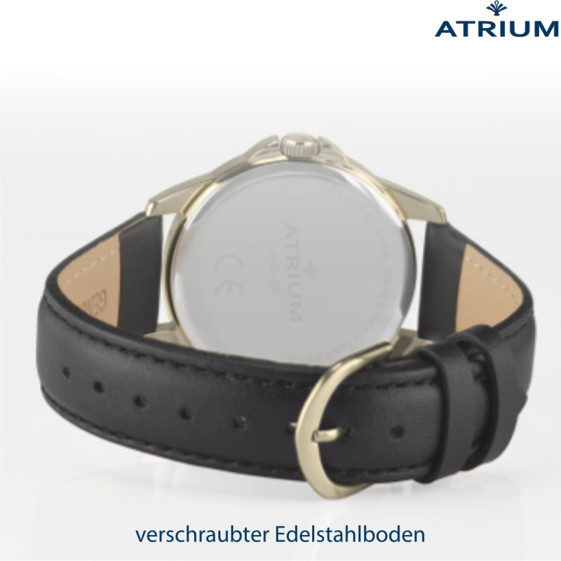 ATRIUM Armbanduhr - Herren - Goldfarben - Schwarzes Lederband - 5 Bar - Weißes Zifferblatt - 38 mm - Klar - Quartz